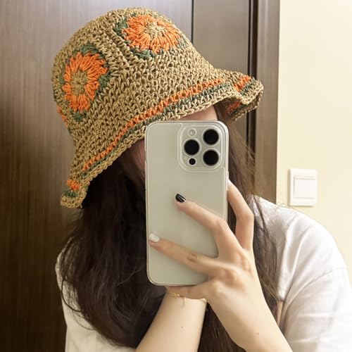 Medium Orange Crochet Straw Sun Hat for Women Wide Brim Beach Cap Summer Holiday