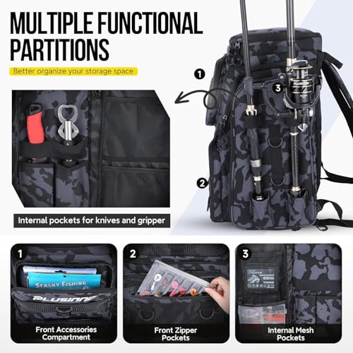 PLUSINNO Waterproof Fishing Backpack with Rod Holders - 42L Tackle Storage, Camouflage Black