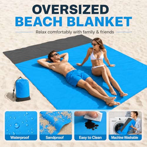 Aqua Blue Sandproof Waterproof Beach Blanket - Extra Large 79 x 55 Inch Outdoor Mat for Travel Camping Hiking