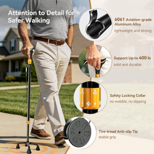 ISPUOOCTI Black Multifunctional Walking Cane with Alarm Light & Adjustable Height