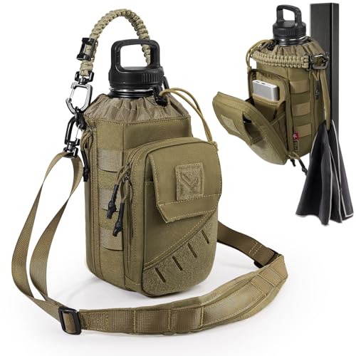 Brown 1TG Tactical Magnetic Gym Water Bottle Bag with Phone Pockets & 64oz Capacity