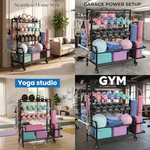 Dumbbell and Kettlebell Rack with Wheels - Home Gym Storage Organizer for Weights, Yoga Mats & Exercise Balls