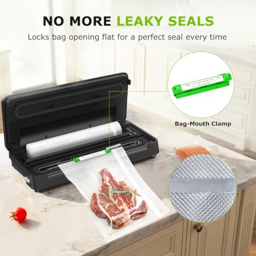 Bonsenkitchen Vacuum Sealer Machine with 1 Roll & 5 Bags, Black - Food Preservation & Custom Bag Cutter