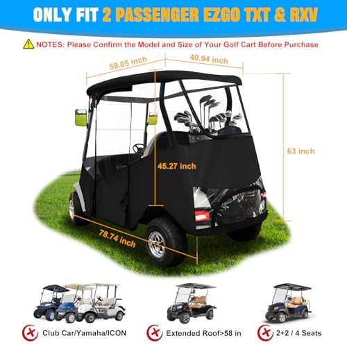 iLSKW Black 2-Passenger Golf Cart Enclosure for EZGO TXT/RXV Waterproof Cover