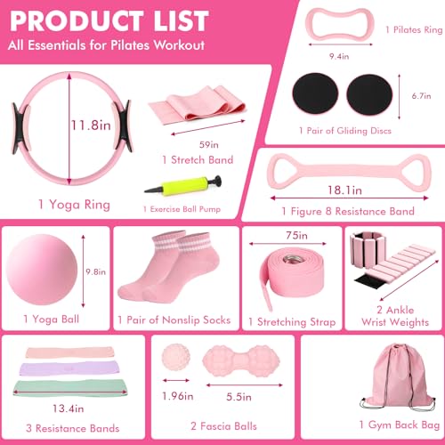 Pink Pilates Equipment Kit for Women, 19 Pieces Home Workout Set