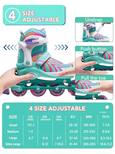 Super Youngster Adjustable Light Up Inline Skates for Kids Girls Mint Green 1-4 US