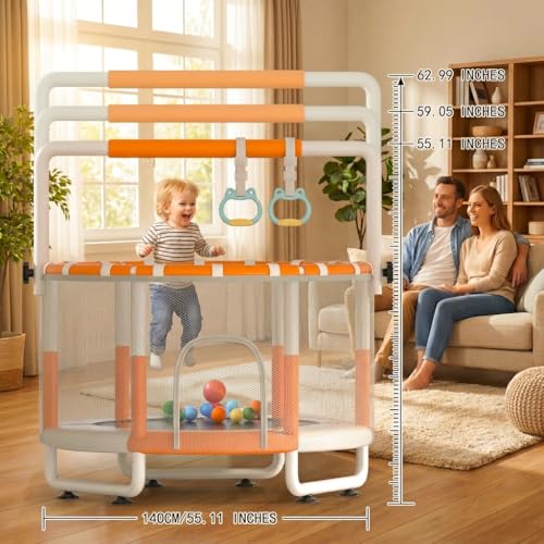 55-Inch Kids Mini Trampoline with Net & Adjustable Bar - White, Heavy Duty Steel Indoor Outdoor Play Gym
