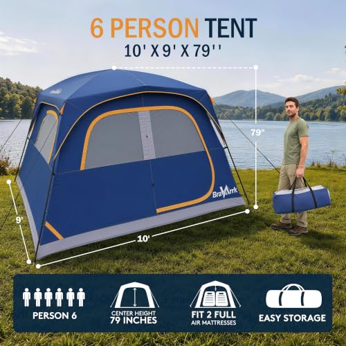 6 Person Family Camping Tent with Rainfly, Quick Setup Waterproof Cabin Tent