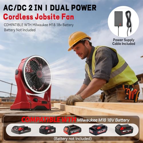 Yudara Red Battery Operated Camping Fan for Milwaukee M18 with LED Light & Hanging Hook