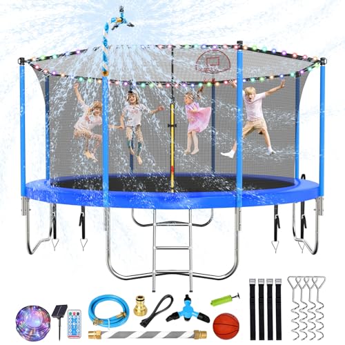 Lyromix 12ft Cobalt Blue Outdoor Trampoline with Lights, Sprinkler & Basketball Hoop