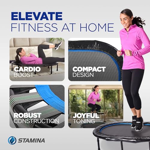 Foldable 36-Inch Mini Trampoline Rebounder for Adults with App - Portable Home Fitness Equipment, Black & Blue