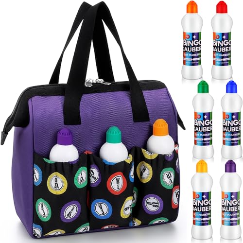 Bingo Bag with 6 Pockets and 2.2 oz Daubers - Purple - 1 Set