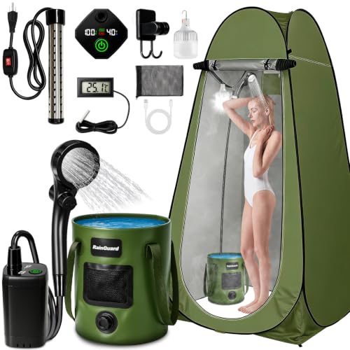 Zappyway 6.6 Gallon Portable Camping Shower with Heater & Tent - Rechargeable Water Pump, Foldable Bucket, LED Light, Car Wash & Pet Bathing