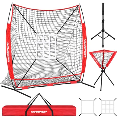 VAVOSPORT Red 7x7' Baseball & Softball Hitting Net Set with Strike Zone & Tee