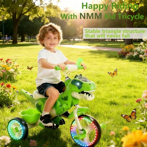 NMM Dinosaur Tricycle for Kids 2-6 Bright Green with Glow Big Wheel, Music, LED Lights, Horn