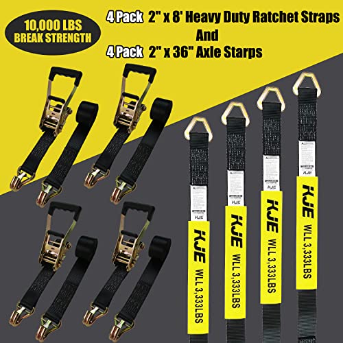 Heavy Duty Car Trailer Tie Down Straps Kit 4 Pack - 2x8ft & 36in Ratchet Straps with J-Hooks, 10,000lbs Capacity