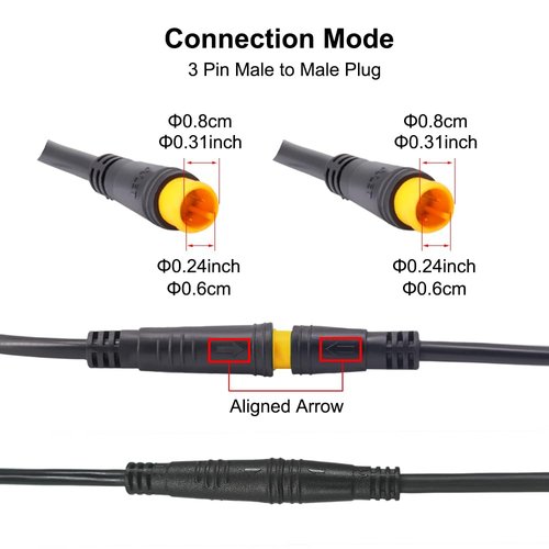 Male to Male Ebike Extension Cable for Electric Bike Display and Gear Shif Sensor, Julet 2Pin / 3Pin / 5Pin Waterproof Connector to Expand Ebike Light and Twist Throttle (3 Pin Male to Male Yellow)