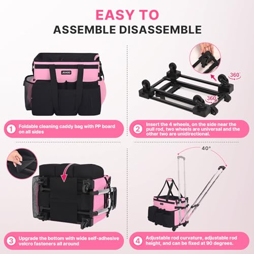 JKAOO Large Pink Rolling Cleaning Caddy Bag with Detachable Trolley - 16 x 11.8 x 13 inches