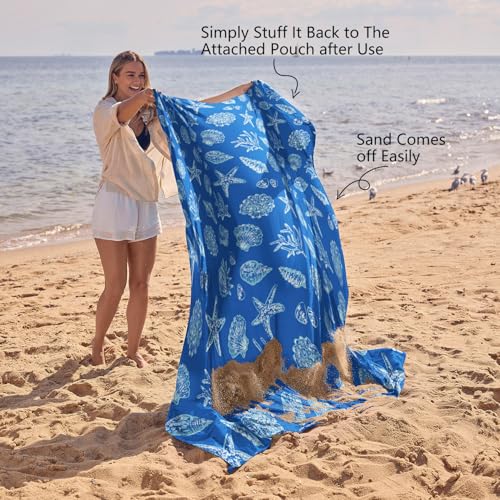 Oversized Waterproof Sandproof Beach Blanket with Stakes & Pockets - Blue Sea Shells, 9x8 ft