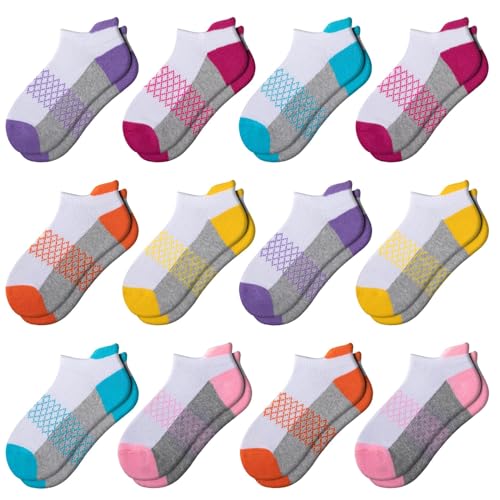 Girls Ankle Athletic Socks 12 Pairs - Cushioned Sole, Sizes 4-6, 8-10, 6-8 Years - White, Variation of 7-10 Years