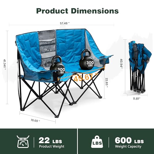 Oversized Double Camping Chair Loveseat for Adults, Blue, Non-Heating