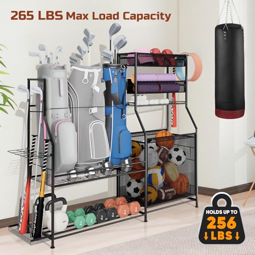 Heavy-Duty Garage Sports Equipment Organizer with Golf Bag Stand & Hooks
