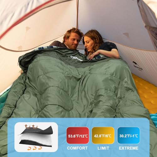 POEPORE Double Sleeping Bag for Adults with 2 Pillows, XXL Queen Size, Green