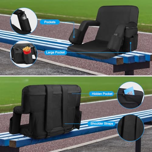 20-Inch Black Heated Bleacher Seat with Back Support & 20,000mAh Battery - Dual-Sided with Recline
