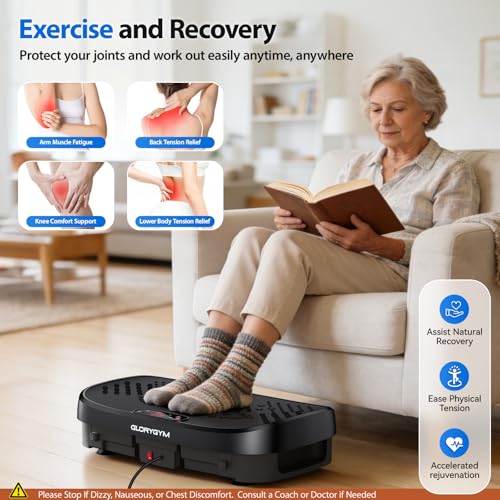 Glorygym Black Large Vibration Plate Exercise Machine for Weight Loss & Full Body Workout with Resistance Bands