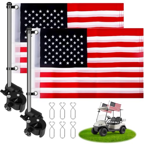 Golf Cart Flag Holder Mount Kit with USA Flag - 15.7 Inch Flag Pole 2 Pack