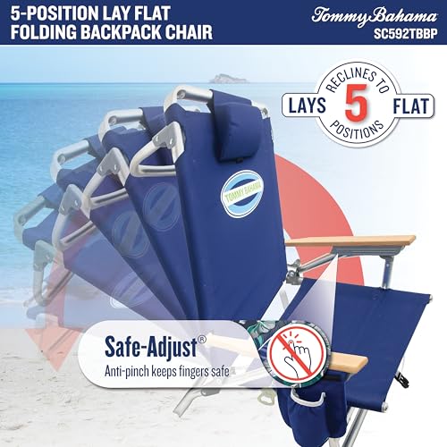 Navy 5-Position Lay Flat Folding Backpack Beach Chair with Cooler & Towel Bar - Tommy Bahama