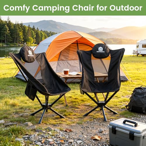 Black 360° Rotation Camping Chair with Cup Holder & High Back Support