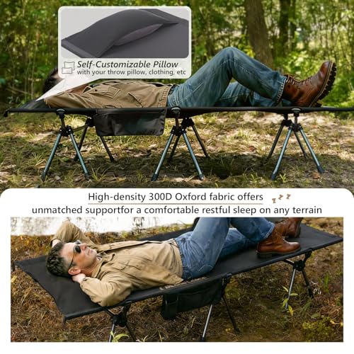 Camping Cot with Adjustable Height - Lightweight Folding Bed for Hiking Beach Office Nap - Black