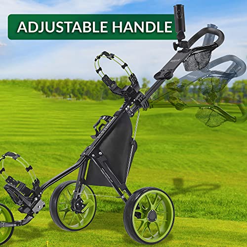 Lime Golf Push Cart - Lightweight Aluminum 3-Wheel Foldable Caddy with Accessories