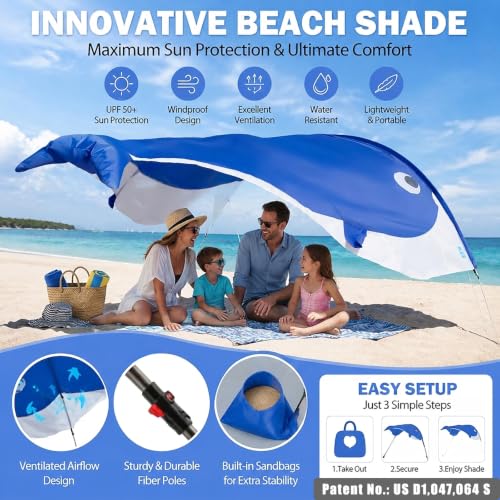Blue Whale-Shaped Beach Sun Shade Canopy - Family UV Protection Tent