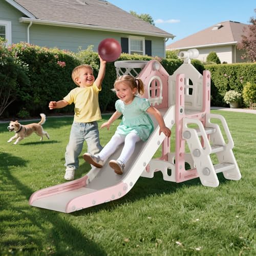 BIERUM 6-in-1 Toddler Indoor Playset & Slide - Pink, Safety Certified for Ages 1-3