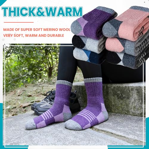 Toddler Kids Merino Wool Hiking Socks 6 Pairs Winter Warm Thermal Crew Socks - Grey, Blue, Purple 13-15 Years