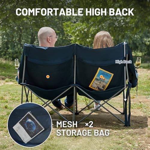 Loveseat Blue Camping Chair - Oversized Double Folding Camp Couch for Outdoor Relaxing