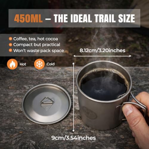 Titanium Camping Mug 15 oz - Ultra Lightweight, Fire Safe, Folding Handle