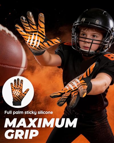 Youth Football Gloves Non-Slip Grip Black-Orange Small AXEVMEN