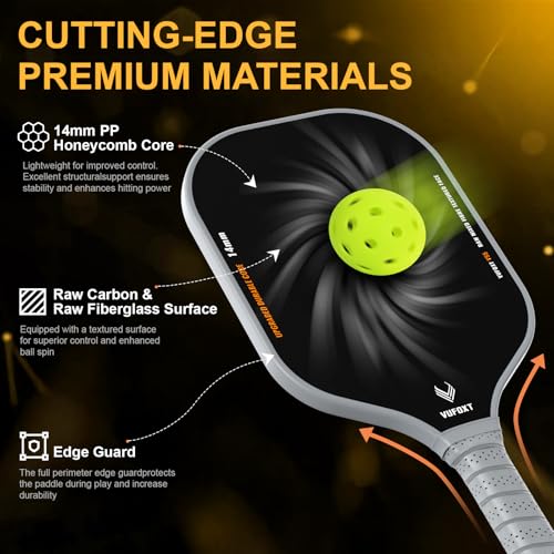 Grey Pickleball Paddles Set of 4 - USAPA Approved Carbon Fiber Surface, Lightweight 14mm PP Honeycomb Core for Beginners
