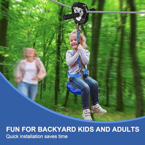 100ft Zip Line Kit for Kids & Adults - Backyard Outdoor Adventure with Removable Lion Trolley