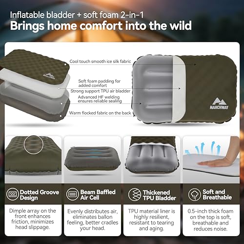 Lightweight Inflatable Camping Pillow with Soft Foam Top - Green