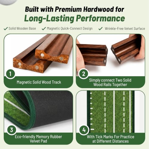 Indoor Golf Putting Mat 10ft with Auto Ball Return, 2 Holes & Wood Frame