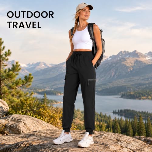 Women's Lightweight Cargo Hiking Pants with Pockets - Large, Dark Black, Elastic Leg Openings