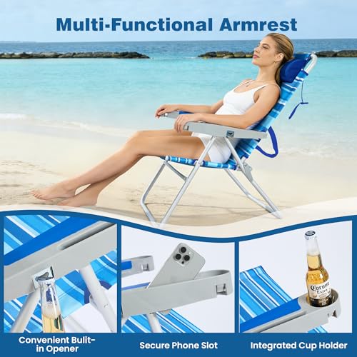 Sunnyfeel Tall Folding Beach Chair for Adults Light Blue - High Back, Reclining, Portable Outdoor Seating