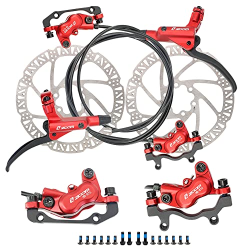 JFOYH ZM3000 Red 4-Piston Hydraulic Disc Brake Set for Mountain Bike, Front & Rear with 160mm Rotors, Pre-Bled with Left-Front & Right-Rear Levers