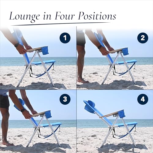 Caribbean Joe Blue Lime Stripe Folding Beach Chair 4-Position Reclining, 300lbs Capacity, Headrest & Cup Holder