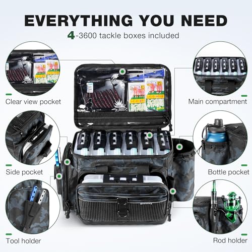 Waterproof Fishing Tackle Bag with 4x 3600 Boxes, Rod Holder & Organizer - Ghosthorn Variation of This Listing