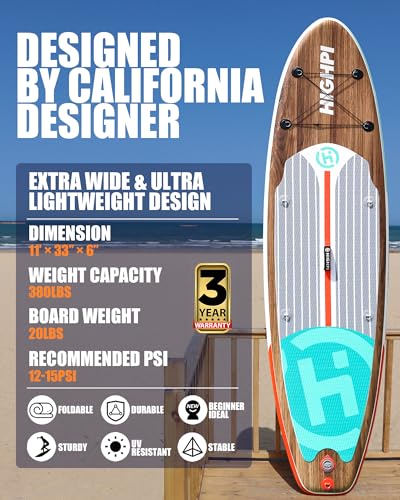 Highpi Classic Wood Inflatable Stand Up Paddle Board 11ft for Youth & Adults